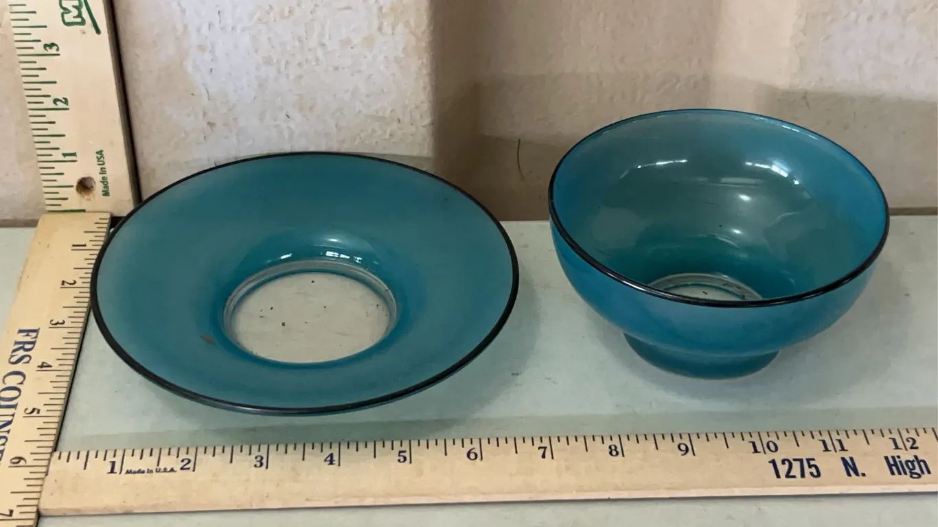 Vintage Blue Painted Glass Bowl & Plate