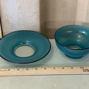 Vintage Blue Painted Glass Bowl & Plate