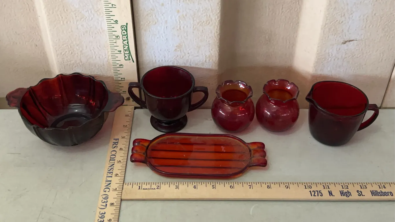Vintage Ruby Red Glass Sugar, Creamer, Small Bowl, Mini Vases/Votives, & Butter Dish Base
