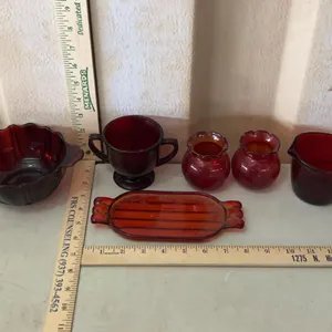 Vintage Ruby Red Glass Sugar, Creamer, Small Bowl, Mini Vases/Votives, & Butter Dish Base