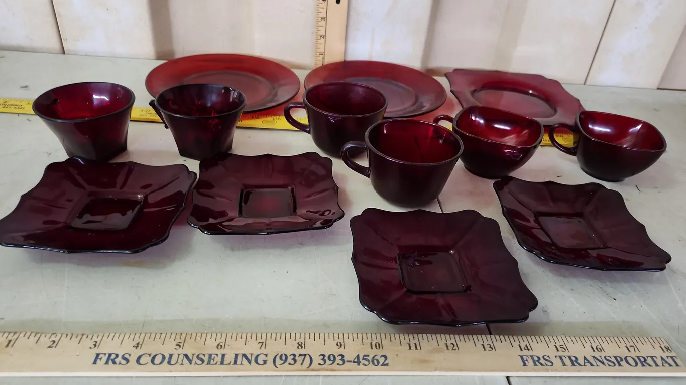 Vintage Ruby Red Glass Cups, Saucers, & Small Plates