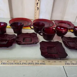 Vintage Ruby Red Glass Cups, Saucers, & Small Plates