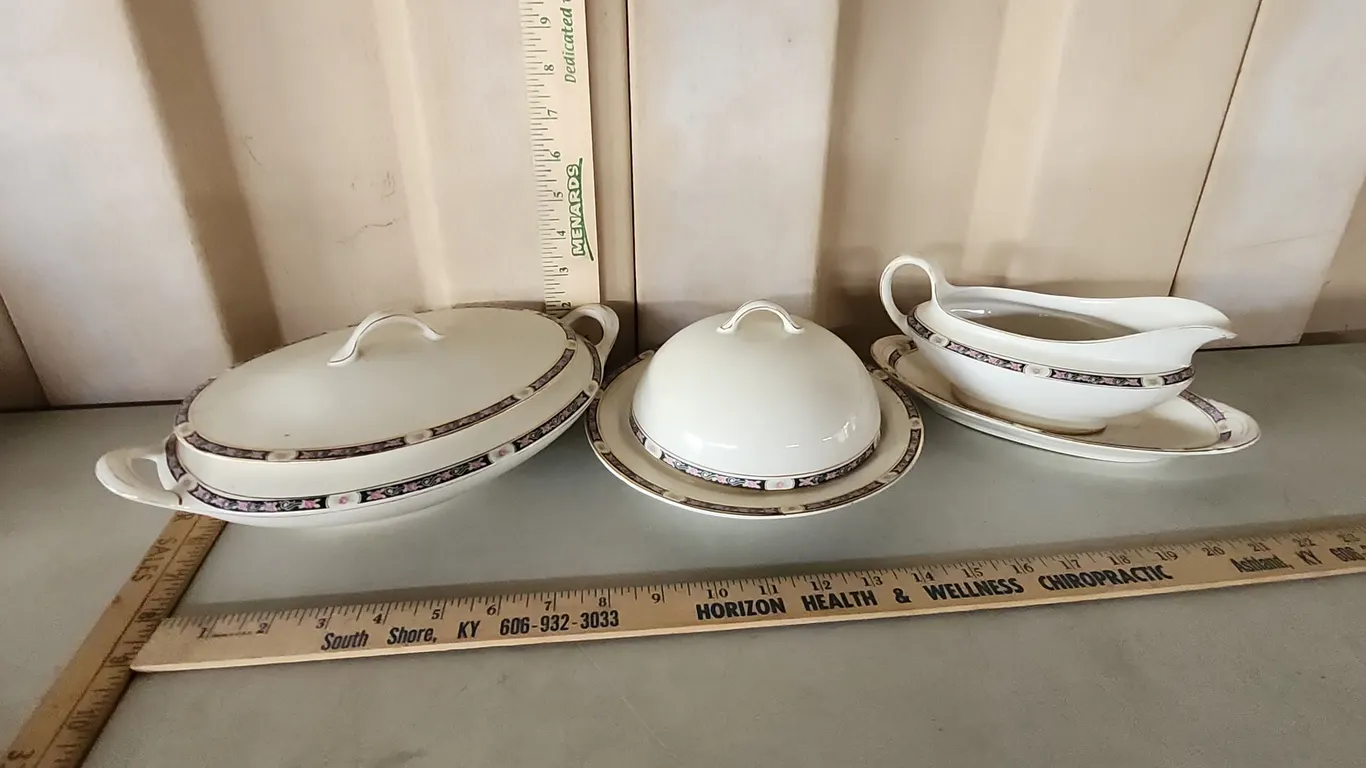 Vintage Ironstone China Canonsburg Covered Serving Dish, Butter Dish, & Gravy Boat W/Plate, Some Dam