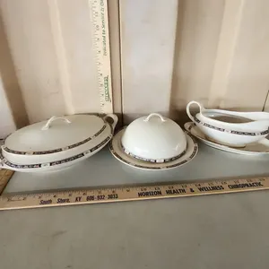 Vintage Ironstone China Canonsburg Covered Serving Dish, Butter Dish, & Gravy Boat W/Plate, Some Dam