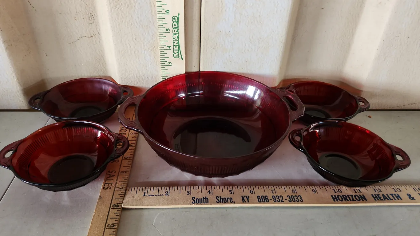 Vintage Anchor Hocking Royal Ruby Coronation Serving Bowl/Berry Bowl Set