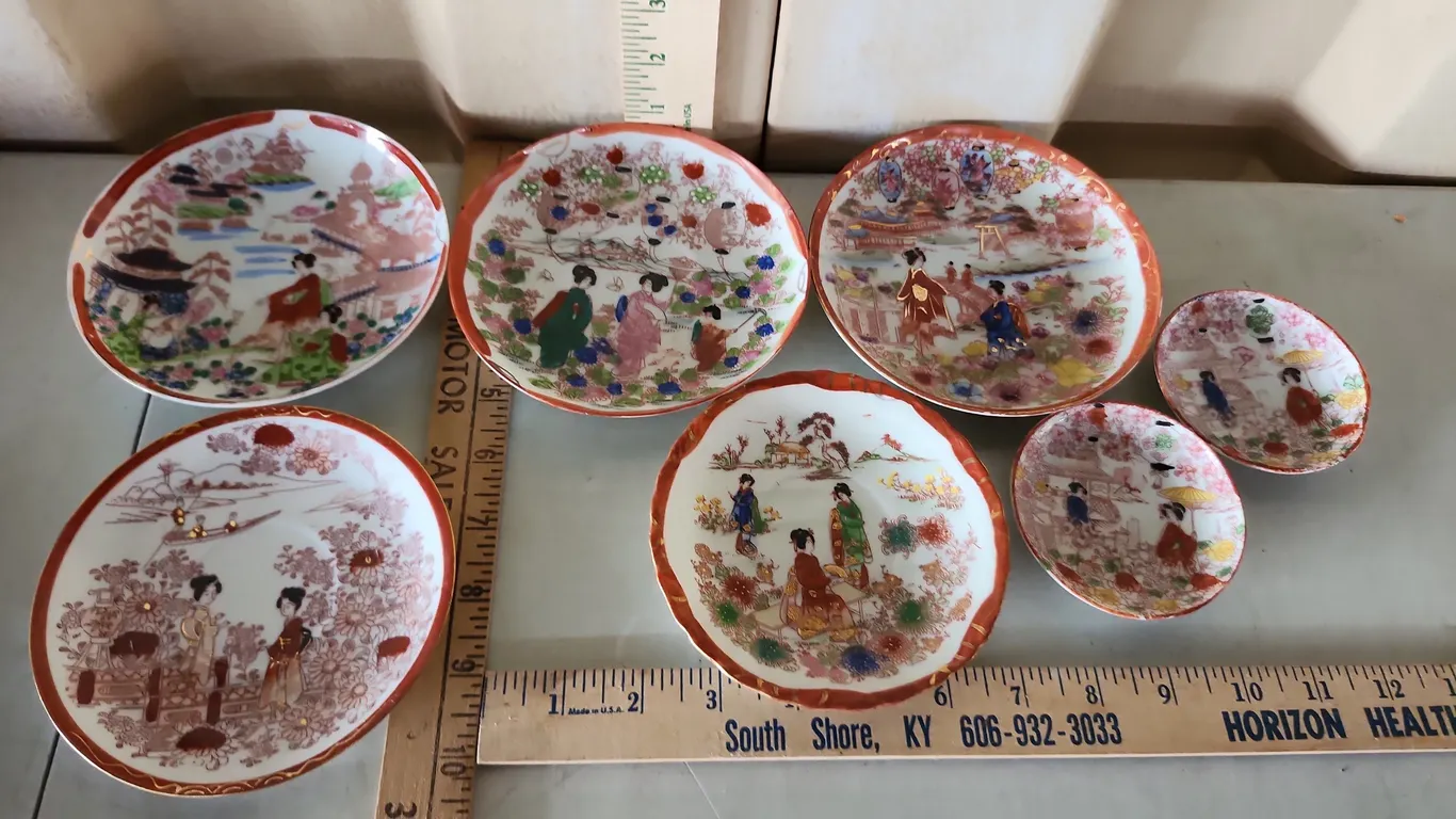 7 Vintage Japanese Hand Painted Porcelain Small Plates/Saucers