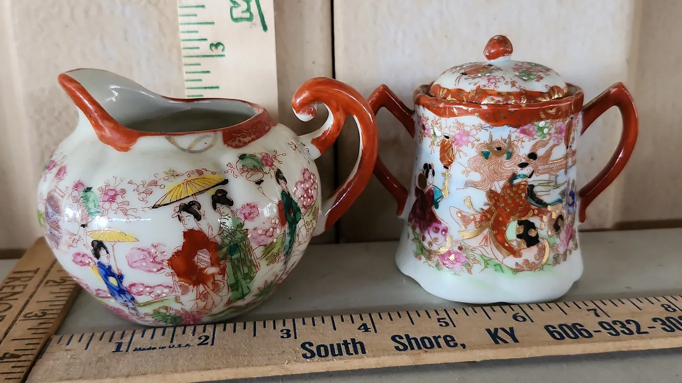 Vintage Japanese Hand Painted Porcelain Sugar & Creamer