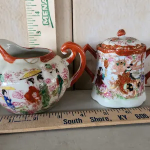 Vintage Japanese Hand Painted Porcelain Sugar & Creamer