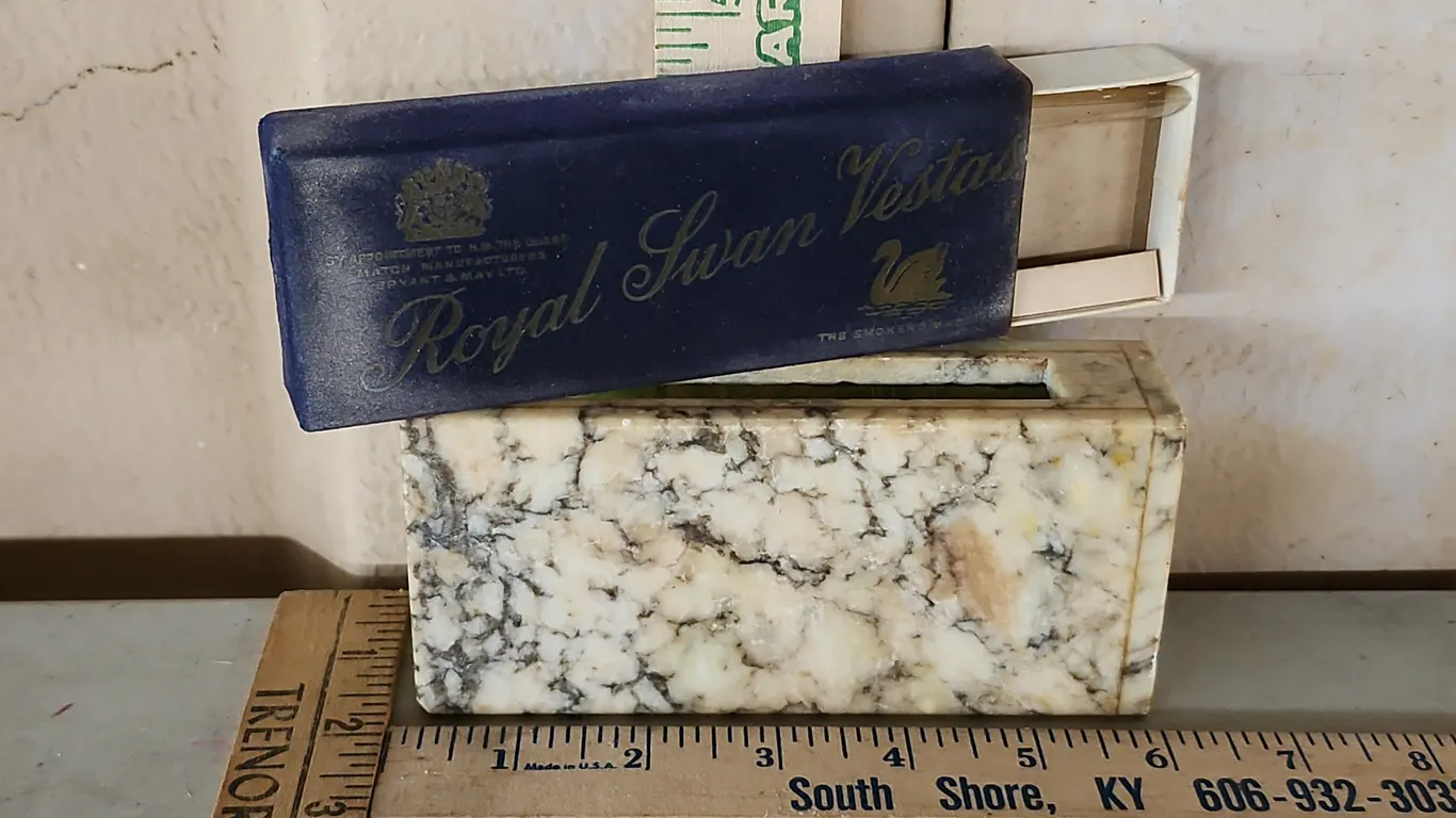 Vintage Marble Match Box Holder, Empty Royal Swan Vestas The Smokers Match Box