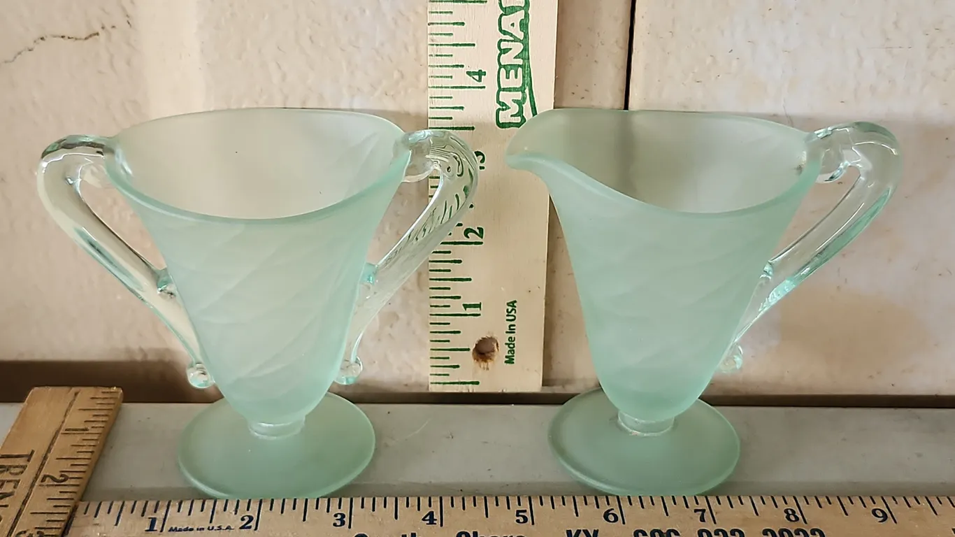 Vintage Green Frosted Glass Atomic Pattern Sugar & Creamer