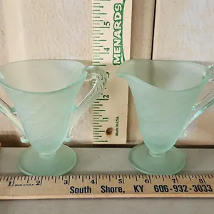Vintage Green Frosted Glass Atomic Pattern Sugar & Creamer