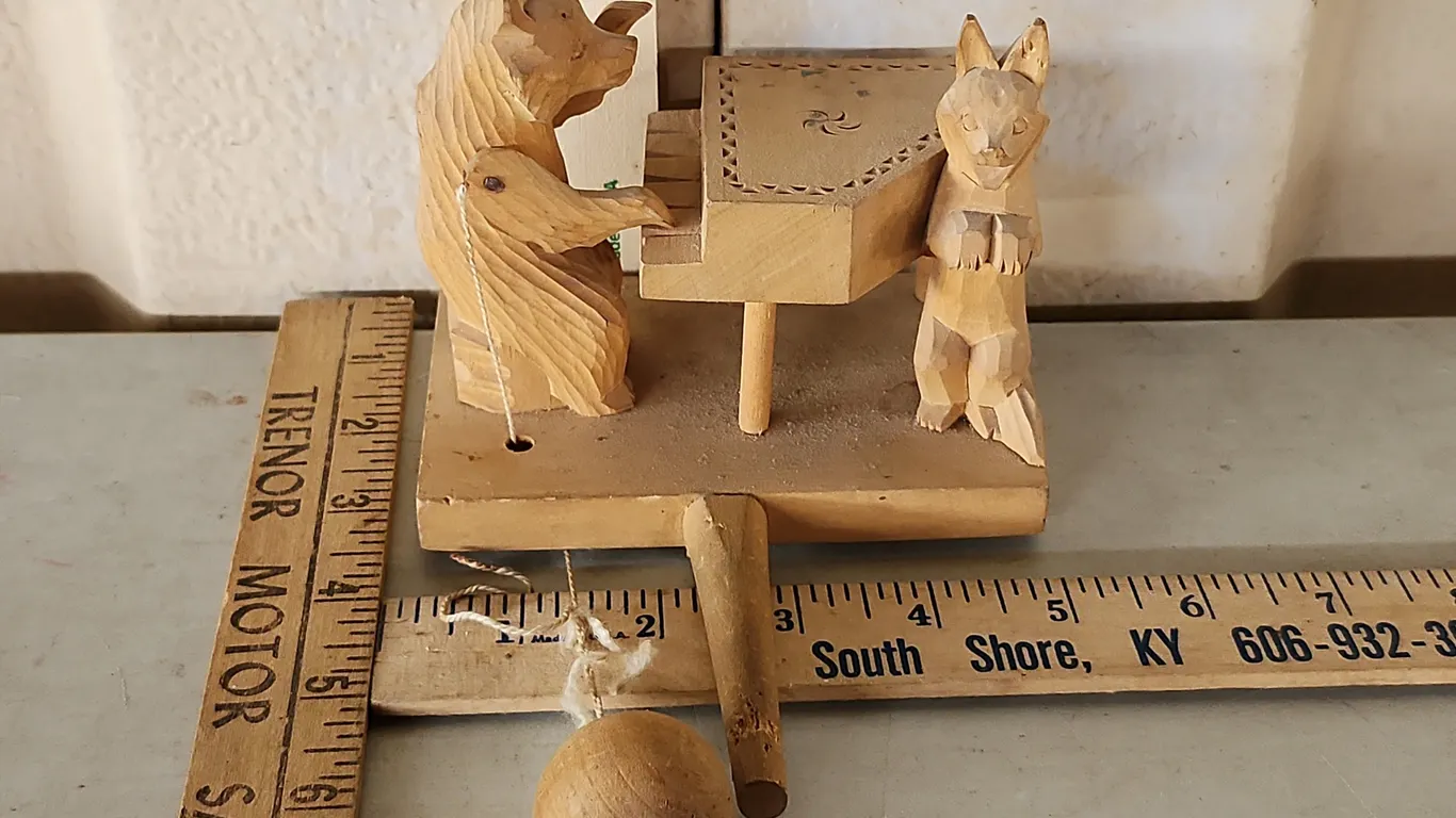 Vintage Hand Carved Wood Bear Playing Piano Toy, Believe To Be Russian Or Bogorodsk Style