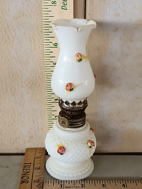 Vintage Hong Kong White Glass Oil Lamp W/Matching Hurricane