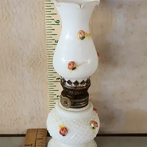 Vintage Hong Kong White Glass Oil Lamp W/Matching Hurricane