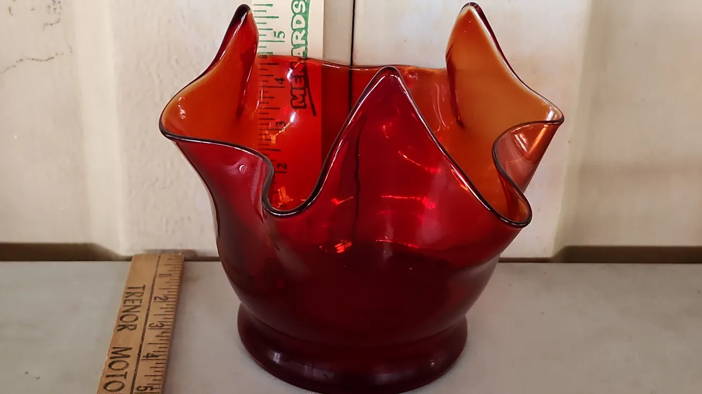 Vintage Hand Crafted Ruby Red Glass Handkerchief Vase 7.5"X7"X6.5"