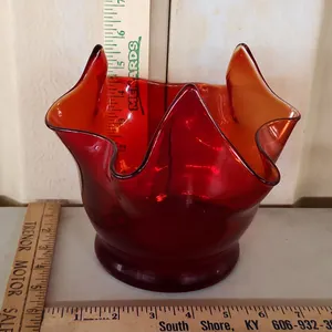 Vintage Hand Crafted Ruby Red Glass Handkerchief Vase 7.5"X7"X6.5"