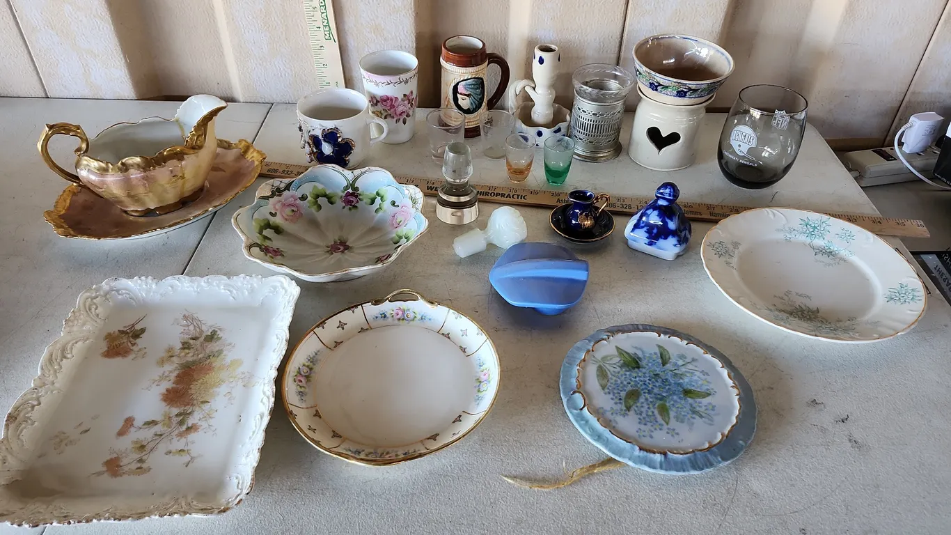 Vintage Plates, Gravy Boat, Cups, Teapot Trivet, Etc.