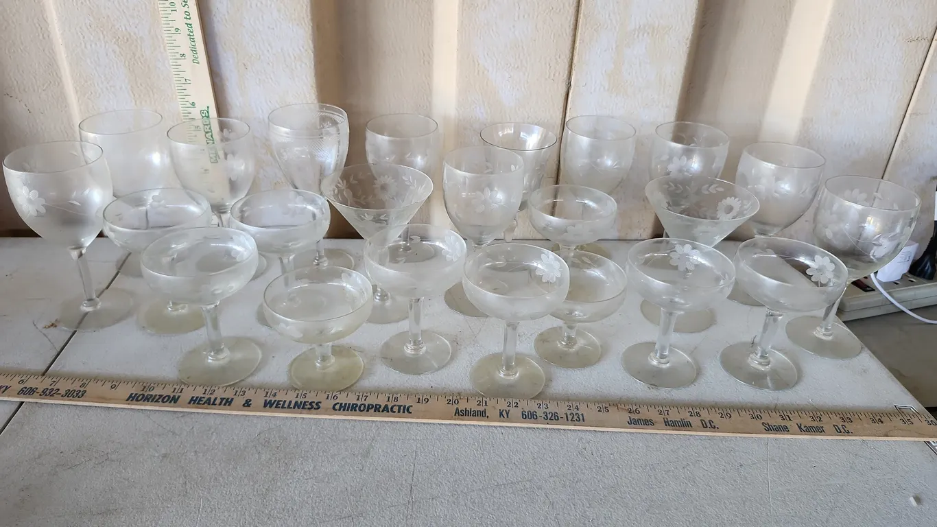 Vintage Etched Glass Stemware, Assorted Patterns