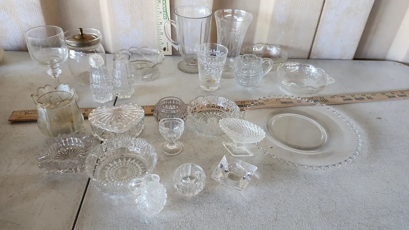 Vintage Salt Cellars, Eye Wash Cleaner, Etched Glasses, Jelly/Honey Jar, Etc.