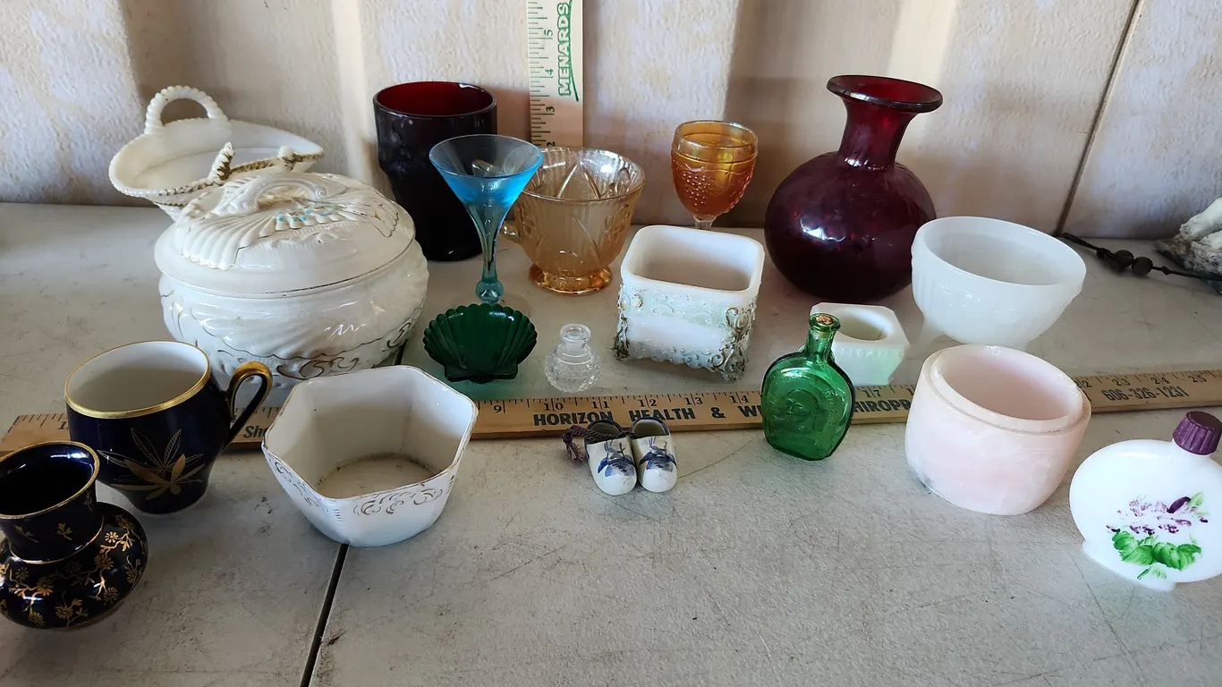 Vintage Glassware-Vases, Trinket Dishes, Porcelain Shoes, Etc. See Photos
