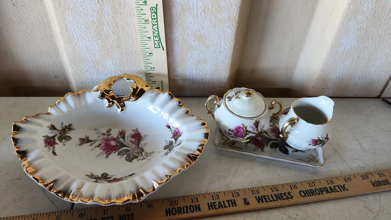 Vintage Porcelain Sugar, Creamer, Tray, & Serving Bowl