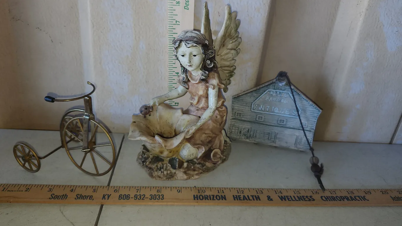 Resin Angel, Barn Hanger, & Metal Tricycle