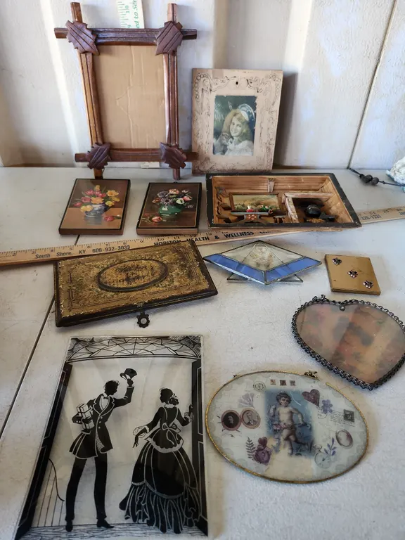Vintage Picture Frames, Bubble Glass Painted Victorian Silhouette, Etc.