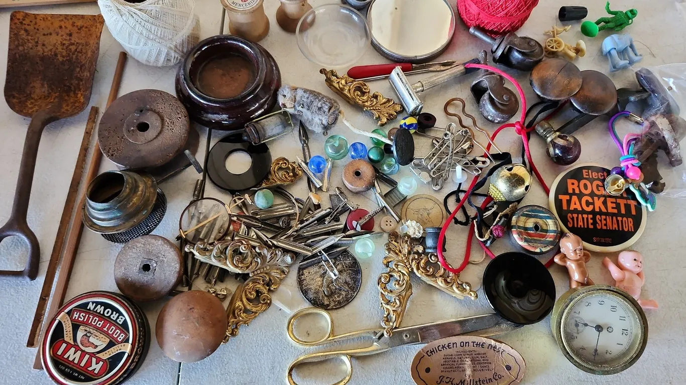 Vintage Items-Wood Knobs, Ink Pen Tips, Casters, Clock Piece, Thread, Wooden Spools, Plastic Babies,