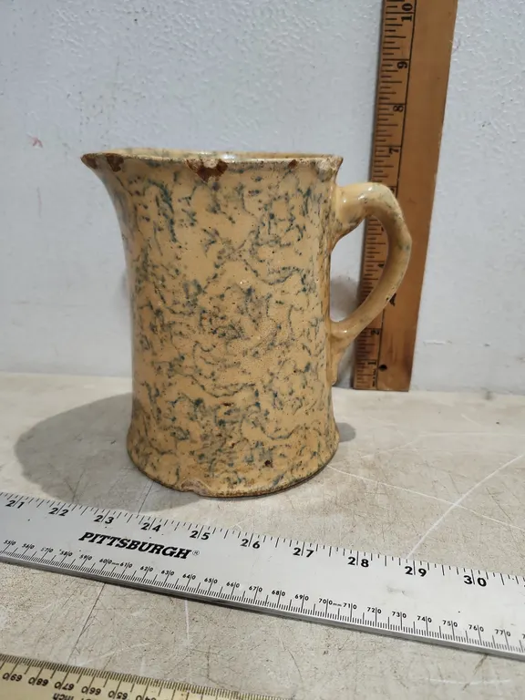 Vintage Spongeware Pottery Pitcher, Has Damage 7" Tall
