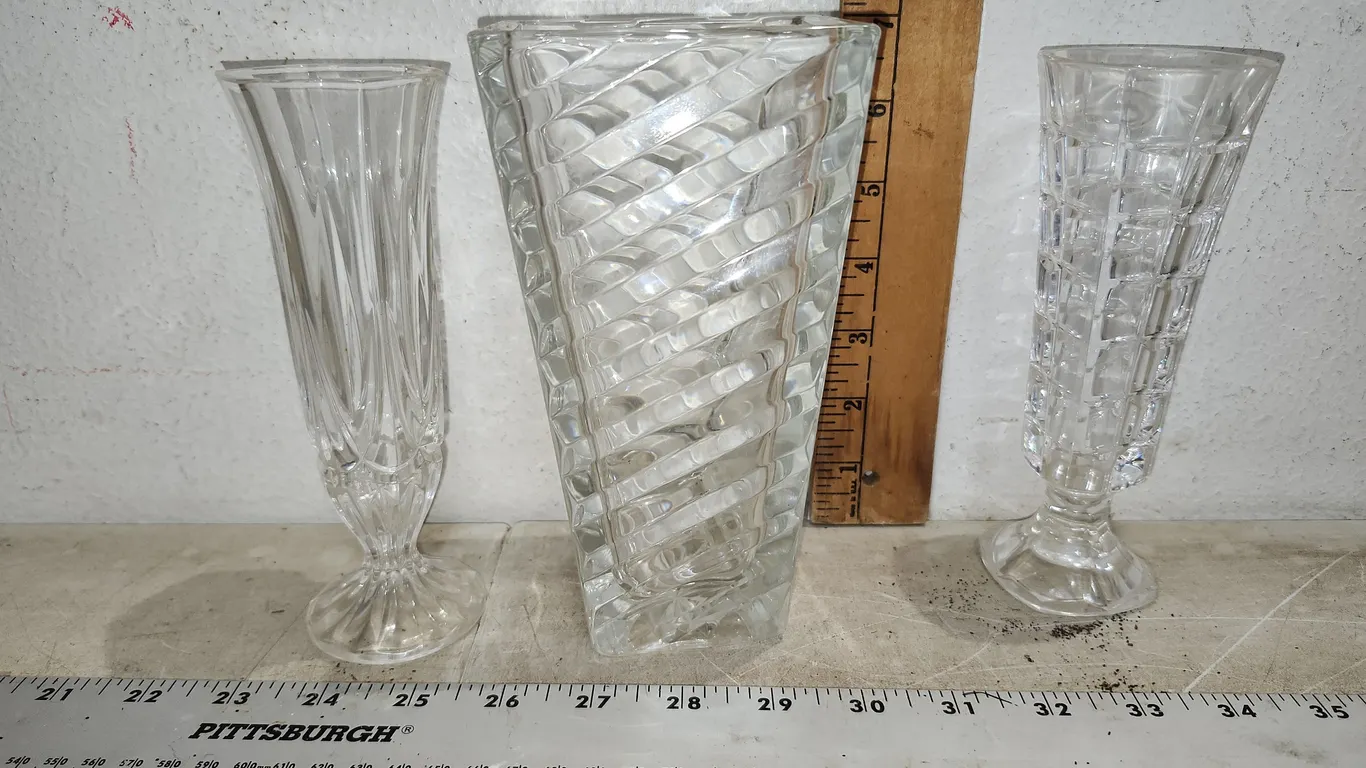 3 Vintage Glass Vases, One Minor Chipped