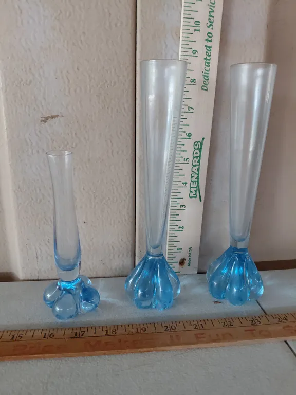 Vintage Art Glass Bud Vases, Blue Glass Clover/Paw Shaped Base 8.5" & 6" Tall