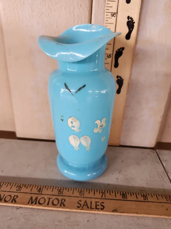 Vintage Hand Blown/Painted Vase 7.5" Tall, Small Chip