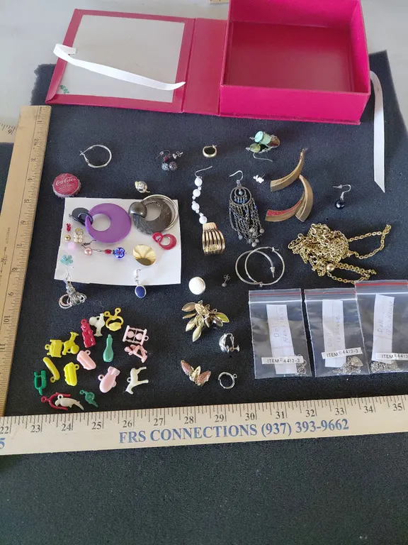 Assorted Jewelry Pieces & Parts, Vintage Plastic Charms, & 3 Doll Necklaces