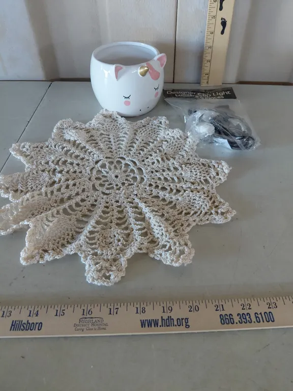 Ceramic Unicorn Bowl/Planter, Vintage Doily, & Darice Clip Light