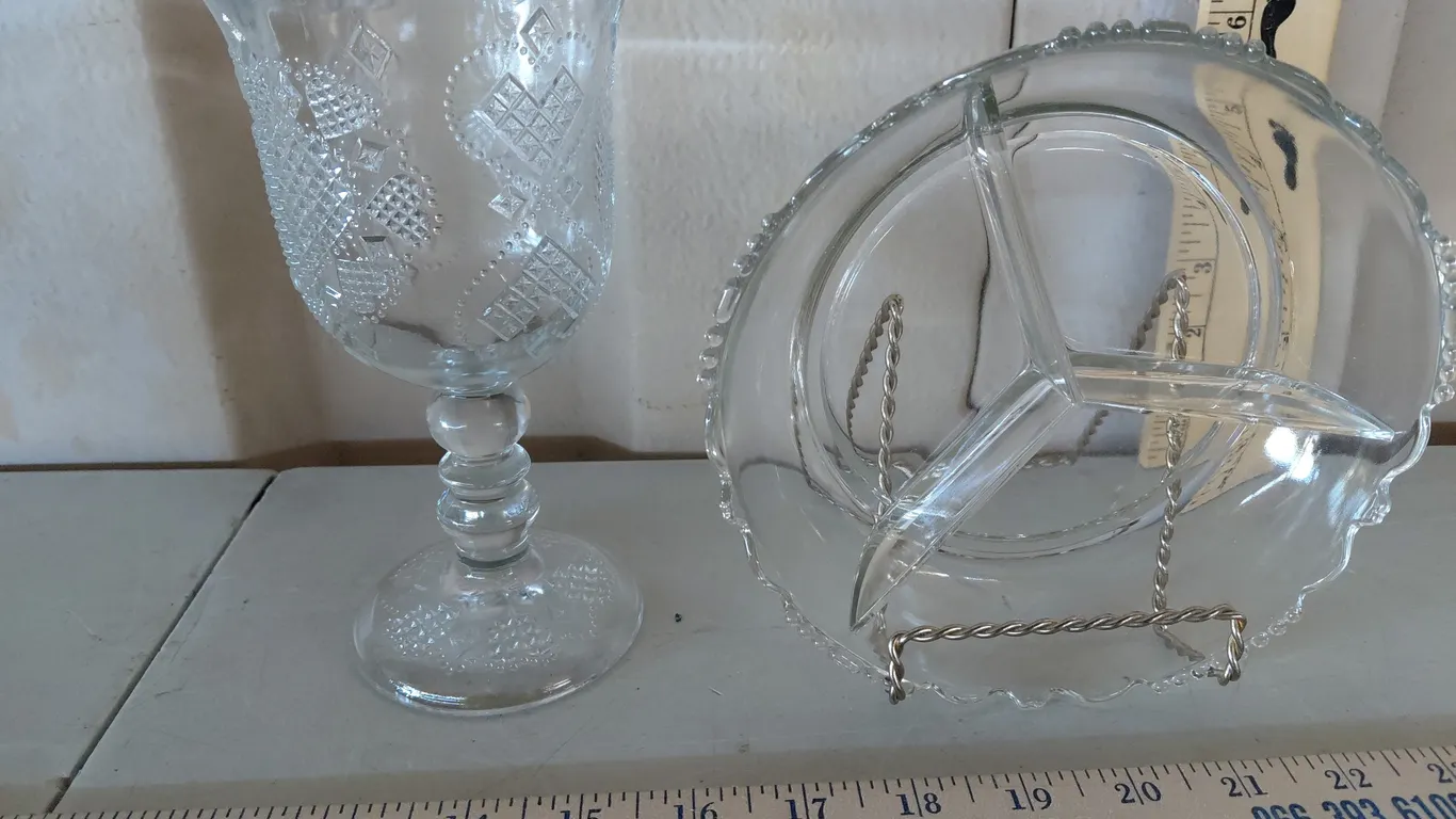 Vintage Divided Relish Dish & 1978 Avon Fostoria Hearts & Diamond Goblet (Chipped)