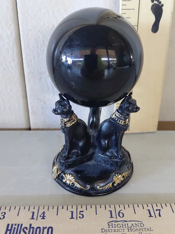 Black Obsidian Sphere W/Egyptian Cats Plastic Stand