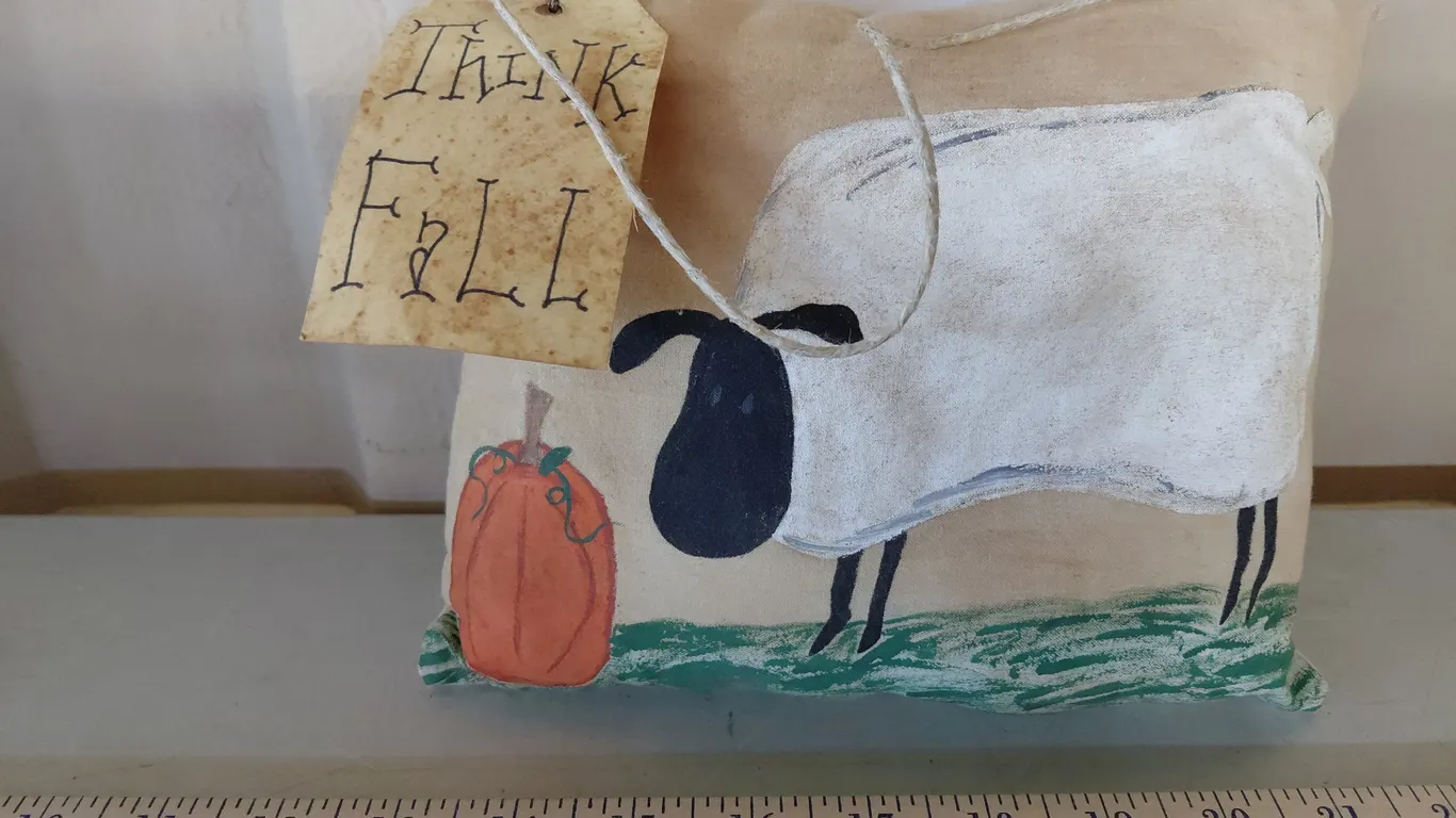 Folk Art Handmade Sheep W/Pumpkin Hanging Pillow 8.5"X6"