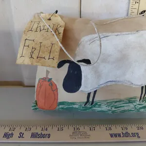 Folk Art Handmade Sheep W/Pumpkin Hanging Pillow 8.5"X6"