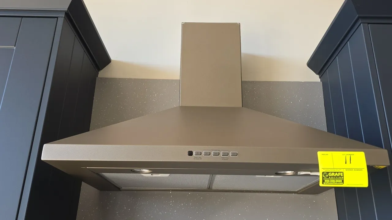 General Electric JVW5301EJ2ES stainless steel vent hood. Features multi-speed push-button blower controls with boost setting, dual mesh grease filters