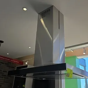 JennAir JXI8536HS1 stainless steel hood vent. Features electronic touch controls with multi-speed settings and boost mode, integrated lighting, remova
