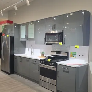 Infinity Plus upper and lower kitchen cabinets. Features gray high-gloss finish, solid surface countertops with matching backsplash, single-basin sink