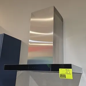 JennAir JVR0430HS0 stainless steel range hood vent. Features chimney-style enclosure, front touch controls with multi-speed fan settings, dual LED lig