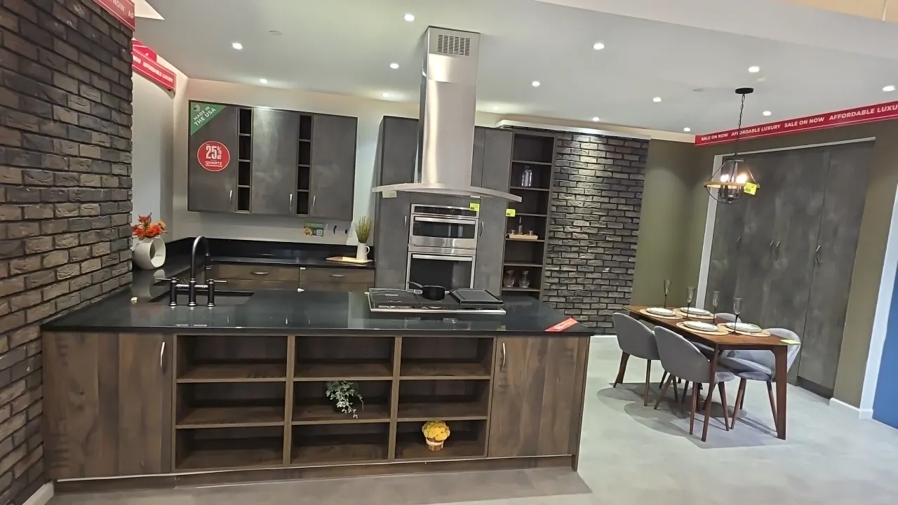 Infinity Plus U-shape kitchen cabinet set. Includes upper and lower cabinets, solid surface countertops, backsplash, undermount sink with faucet, 74"