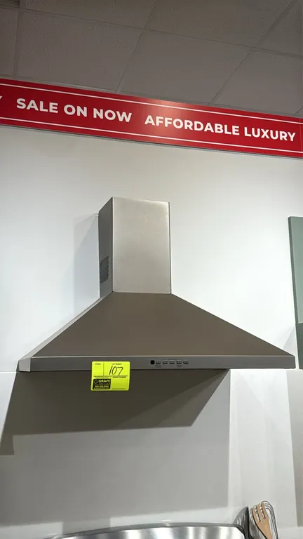GE JVW5301EJ2ES wall-mount chimney range hood. Features push-button controls with boost setting, dual mesh grease filters, and dual cooktop lights. 30