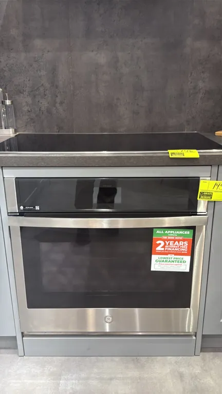 GE JTS5000SN1SS single electric convection wall oven. Features stainless steel finish, glass viewing door, electronic controls, and interior racks. 30