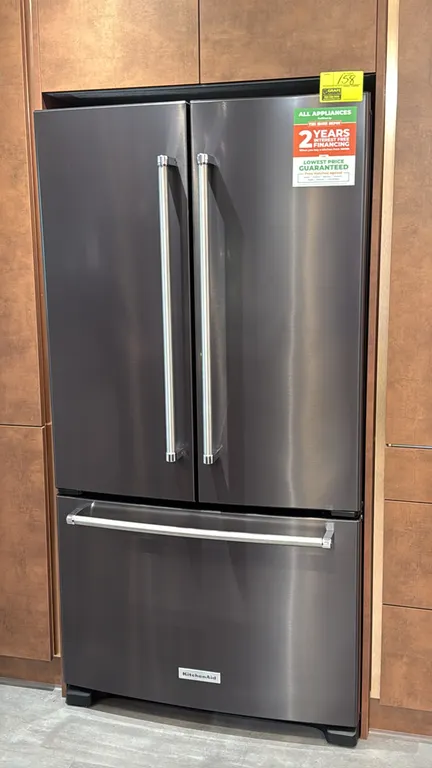 KitchenAid KRFC300EBS06 French door refrigerator with bottom drawer freezer. Features black stainless steel finish, adjustable glass shelving, door st