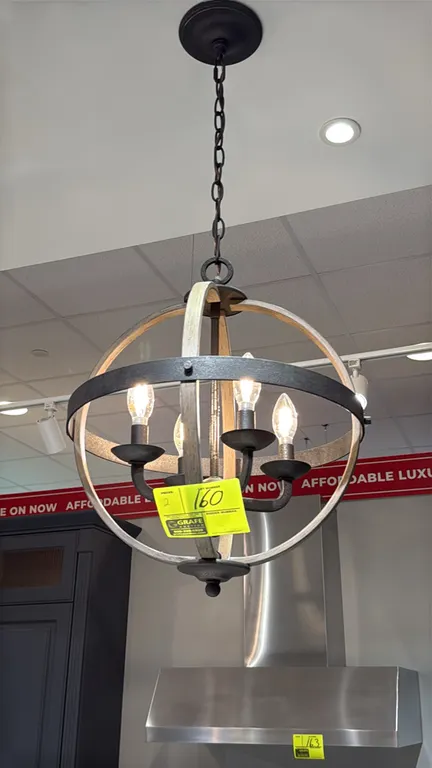 Hanging light fixtures. Features an orb cage design with weathered wood-finish straps, dark metal framing, 4-light candelabra cluster, and hanging cha