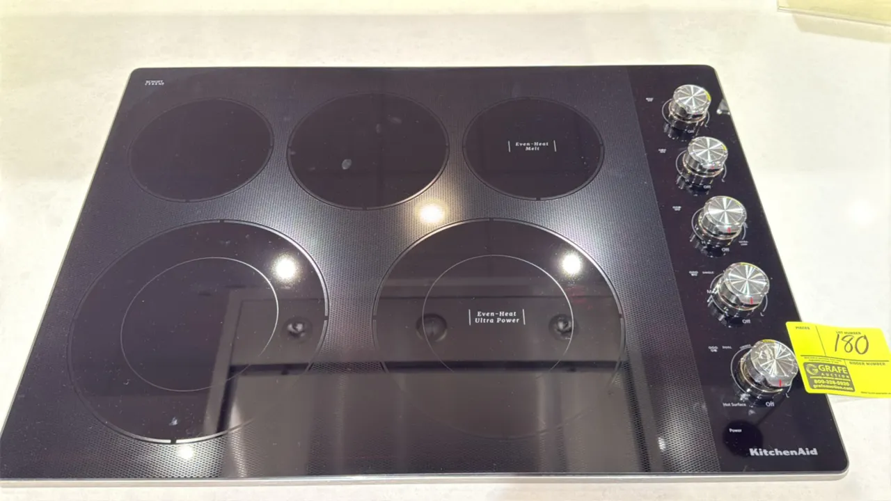KitchenAid KCES550HSS00 30" 5-burner electric glass cooktop. Features Schott Ceran smooth ceramic glass surface, Even-Heat Ultra Power and Even-Heat M