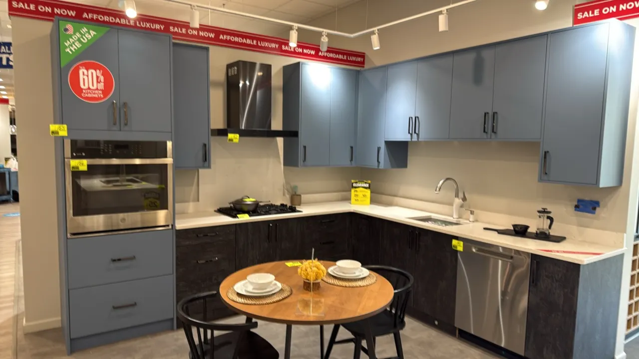 Infinity Plus L-shaped kitchen cabinets. Features quartz countertops, pull-down faucet, soap dispenser, blue upper cabinets, textured dark finish base