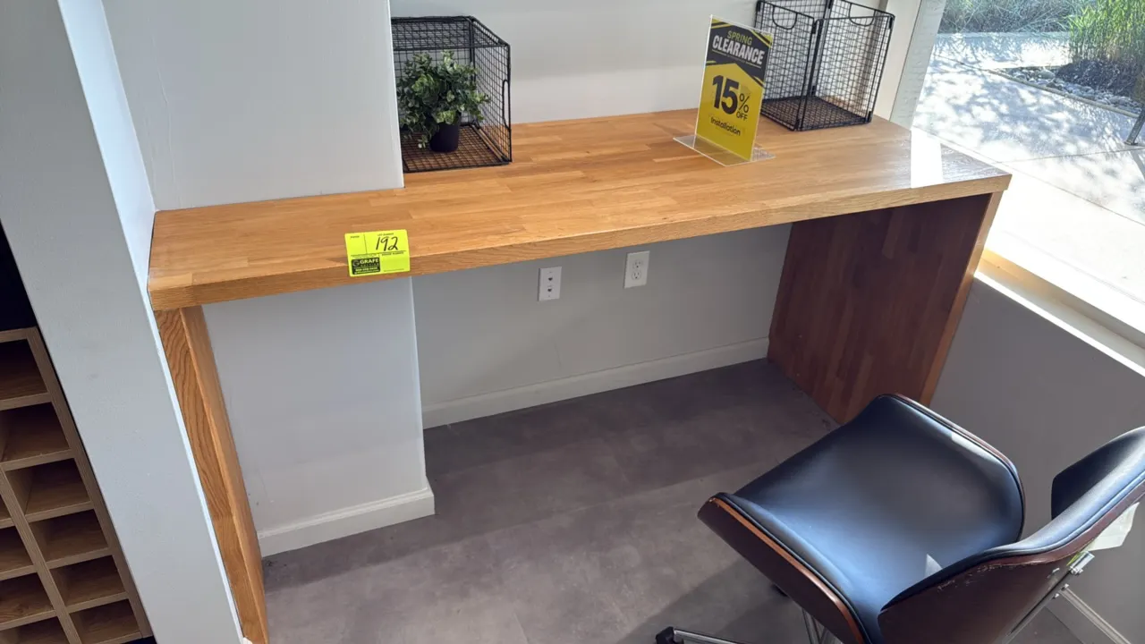 Butcher block style wood desk. Features solid wood butcher block top and matching side panel support legs. Dimensions: 72" x 26.5" x 37"H. Note: Chair